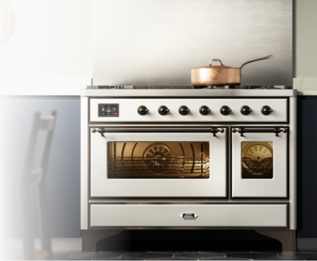 Modern kitchen range with dual ovens and cooktop