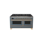 ILVE UM15FDNS3BGGLP Majestic II 60" Dual Fuel Range (Liquid Propane, Triple Glass Door, Blue Grey, Brass)