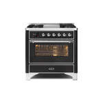 ILVE UM09FDNS3BKCLP Majestic II 36 inch Dual Fuel Range with 6 Burners, Griddle, Warming Drawer (Glossy Black, Chrome, Liquid Propane, Triple Glass Door)