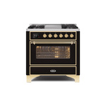 ILVE UM09FDNS3BKGLP Majestic II 36 inch Dual Fuel Range with 6 Burners, Griddle, Warming Drawer (Glossy Black, Brass, Liquid Propane, Triple Glass Door)