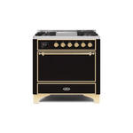 ILVE UM09FDQNS3BKGLP Majestic II 36 inch Dual Fuel Range with 6 Burners, Griddle, Warming Drawer (Glossy Black, Brass, Liquid Propane, Solid Door)