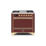 ILVE UM09FDQNS3BUG Majestic II 36" Dual Fuel Range with 6 Burners, Griddle, Warming Drawer (Burgundy, Brass, Natural Gas, Solid Door)