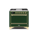 ILVE UM09FDQNS3EGGLP Majestic II 36" Dual Fuel Range with 6 Burners, Griddle, Warming Drawer (Emerald Green, Brass, Liquid Propane, Solid Door)