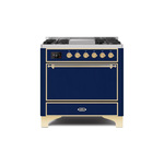 ILVE UM09FDQNS3MBGLP Majestic II 36" Dual Fuel Range with 6 Burners, Griddle, Warming Drawer (Midnight Blue, Brass, Liquid Propane, Solid Door)