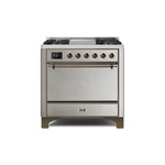 ILVE UM09FDQNS3SSBLP Majestic II 36" Dual Fuel Range with 6 Burners, Griddle, Warming Drawer (Stainless Steel, Burnished, Liquid Propane, Solid Door)