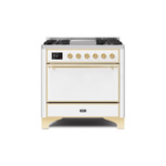 ILVE UM09FDQNS3WHGLP Majestic II 36" Dual Fuel Range with 6 Burners, Griddle, Warming Drawer (White, Brass, Liquid Propane, Solid Door)