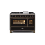 ILVE UM12FDNS3BKB Majestic II 48 inch Dual Fuel Range (Natural Gas, Triple Glass Door, Glossy Black, Burnished)