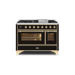 ILVE UM12FDNS3BKGLP Majestic II 48 inch Dual Fuel Range (Liquid Propane, Triple Glass Door, Glossy Black, Brass)