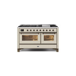 ILVE UM15FDNS3AWBLP Majestic II 60" Dual Fuel Range (Liquid Propane, Triple Glass Door, Antique White, Burnished)