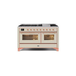 ILVE UM15FDNS3AWPLP Majestic II 60" Dual Fuel Range (Liquid Propane, Triple Glass Door, Antique White, Copper)