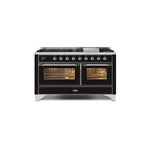 ILVE UM15FDNS3BKCLP Majestic II 60" Dual Fuel Range (Liquid Propane, Triple Glass Door, Glossy Black, Chrome)