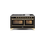 ILVE UM15FDNS3BKGLP Majestic II 60" Dual Fuel Range (Liquid Propane, Triple Glass Door, Glossy Black, Brass)