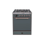 ILVE UM30DQNE3BGBLP Majestic II 30" Dual Fuel Range (Liquid Propane, Solid Door, Blue Grey, Burnished)