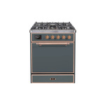 ILVE UM30DQNE3BGPLP Majestic II 30" Dual Fuel Range (Liquid Propane, Solid Door, Blue Grey, Copper)