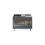 ILVE UN48FSNMPBGG Nostalgie II Noblesse 48" Dual Fuel Range  (5 Sealed Burners + Griddle + French Top, Natural Gas, Triple Glass Door, Blue Grey, Brass)