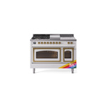 ILVE UN48FSNMPRAGLP Nostalgie II Noblesse 48 inch Dual Fuel Range  (5 Sealed Burners + Griddle + French Top, Liquid Propane, Triple Glass Door, RAL, Brass)