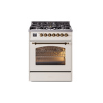 ILVE UP30NMPAWB Nostalgie II 30 inch Dual Fuel Range (Natural Gas, Triple Glass Door, Antique White, Burnished)