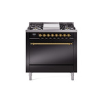 ILVE UP36FQNMPBKGLP Nostalgie II 36 inch Dual Fuel Range  (Liquid Propane, Solid Door, Glossy Black, Brass)