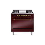 ILVE UP36FQNMPBUGLP Nostalgie II 36 inch Dual Fuel Range  (Liquid Propane, Solid Door, Burgundy, Brass)