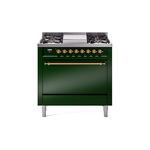 ILVE UP36FQNMPEGGLP Nostalgie II 36 inch Dual Fuel Range  (Liquid Propane, Solid Door, Emerald Green, Brass)