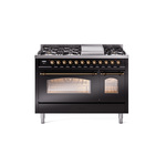 ILVE UP48FNMPBKBLP Nostalgie II 48 inch Dual Fuel Range (8 Sealed Burners + Griddle, Liquid Propane, Triple Glass Door, Glossy Black, Burnished)