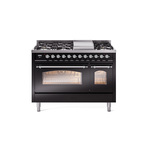 ILVE UP48FNMPBKCLP Nostalgie II 48 inch Dual Fuel Range (8 Sealed Burners + Griddle, Liquid Propane, Triple Glass Door, Glossy Black, Chrome)