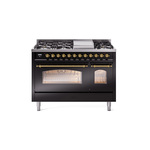 ILVE UP48FNMPBKGLP Nostalgie II 48 inch Dual Fuel Range (8 Sealed Burners + Griddle, Liquid Propane, Triple Glass Door, Glossy Black, Brass)