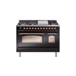 ILVE UP48FNMPBKPLP Nostalgie II 48 inch Dual Fuel Range (8 Sealed Burners + Griddle, Liquid Propane, Triple Glass Door, Glossy Black, Copper)