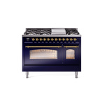 ILVE UP48FNMPMBG Nostalgie II 48" Dual Fuel Range (8 Sealed Burners + Griddle, Natural Gas, Triple Glass Door, Midnight Blue, Brass)