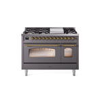 ILVE UP48FNMPMGG Nostalgie II 48 inch Dual Fuel Range (8 Sealed Burners + Griddle, Natural Gas, Triple Glass Door, Graphite Matte, Brass)