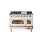 ILVE UP48FNMPRAGLP Nostalgie II 48 inch Dual Fuel Range (8 Sealed Burners + Griddle, Liquid Propane, Triple Glass Door, RAL, Brass)