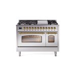 ILVE UP48FNMPSSG Nostalgie II 48" Dual Fuel Range (8 Sealed Burners + Griddle, Natural Gas, Triple Glass Door, Stainless Steel, Brass)