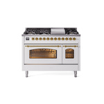 ILVE UP48FNMPWHG Nostalgie II 48" Dual Fuel Range (8 Sealed Burners + Griddle, Natural Gas, Triple Glass Door, White, Brass)