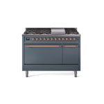 ILVE UP48FQNMPBGPLP Nostalgie II 48" Dual Fuel Range (8 Sealed Burners + Griddle, Liquid Propane, Solid Door, Blue Grey, Copper)