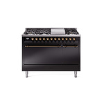 ILVE UP48FQNMPBKBLP Nostalgie II 48 inch Dual Fuel Range (8 Sealed Burners + Griddle, Liquid Propane, Solid Door, Glossy Black, Burnished)