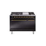 ILVE UP48FQNMPBKGLP Nostalgie II 48 inch Dual Fuel Range (8 Sealed Burners + Griddle, Liquid Propane, Solid Door, Glossy Black, Brass)