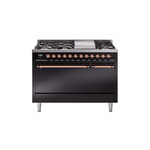 ILVE UP48FQNMPBKPLP Nostalgie II 48 inch Dual Fuel Range (8 Sealed Burners + Griddle, Liquid Propane, Solid Door, Glossy Black, Copper)