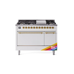 ILVE UP48FQNMPRAGLP Nostalgie II 48 inch Dual Fuel Range (8 Sealed Burners + Griddle, Liquid Propane, Solid Door, RAL, Brass)