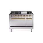 ILVE UP48FQNMPSSGLP Nostalgie II 48 inch Dual Fuel Range (8 Sealed Burners + Griddle, Liquid Propane, Solid Door, Stainless Steel, Brass)