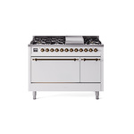 ILVE UP48FQNMPWHB Nostalgie II 48 inch Dual Fuel Range (8 Sealed Burners + Griddle, Natural Gas, Solid Door, White, Burnished)