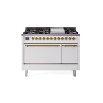 ILVE UP48FQNMPWHGLP Nostalgie II 48 inch Dual Fuel Range (8 Sealed Burners + Griddle, Liquid Propane, Solid Door, White, Brass)