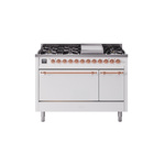 ILVE UP48FQNMPWHPLP Nostalgie II 48 inch Dual Fuel Range (8 Sealed Burners + Griddle, Liquid Propane, Solid Door, White, Copper)