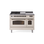 ILVE UP48FSNMPAWBLP Nostalgie II 48 inch Dual Fuel Range (5 Sealed Burners + Griddle + French Top, Liquid Propane, Triple Glass Door, Antique White, Burnished)