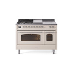 ILVE UP48FSNMPAWCLP Nostalgie II 48 inch Dual Fuel Range (5 Sealed Burners + Griddle + French Top, Liquid Propane, Triple Glass Door, Antique White, Chrome)