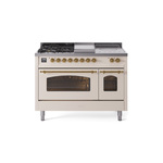 ILVE UP48FSNMPAWGLP Nostalgie II 48 inch Dual Fuel Range (5 Sealed Burners + Griddle + French Top, Liquid Propane, Triple Glass Door, Antique White, Brass)