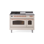 ILVE UP48FSNMPAWPLP Nostalgie II 48 inch Dual Fuel Range (5 Sealed Burners + Griddle + French Top, Liquid Propane, Triple Glass Door, Antique White, Copper)