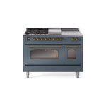 ILVE UP48FSNMPBGGLP Nostalgie II 48" Dual Fuel Range (5 Sealed Burners + Griddle + French Top, Liquid Propane, Triple Glass Door, Blue Grey, Brass)