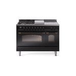 ILVE UP48FSNMPBKBLP Nostalgie II 48 inch Dual Fuel Range (5 Sealed Burners + Griddle + French Top, Liquid Propane, Triple Glass Door, Glossy Black, Burnished)