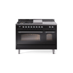 ILVE UP48FSNMPBKC Nostalgie II 48 inch Dual Fuel Range (5 Sealed Burners + Griddle + French Top, Natural Gas, Triple Glass Door, Glossy Black, Chrome)