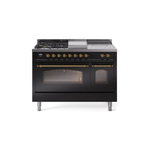 ILVE UP48FSNMPBKG Nostalgie II 48 inch Dual Fuel Range (5 Sealed Burners + Griddle + French Top, Natural Gas, Triple Glass Door, Glossy Black, Brass)